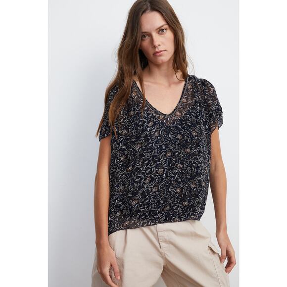 Velvet Graham Spencer Tracia Scoop Neck Beaded Floral Sheer Black Size XL - Picture 2 of 13